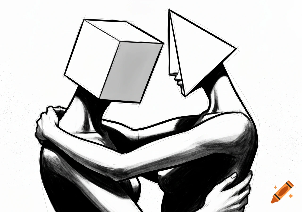 A black and white drawing of two abstract figures embracing, one with a cube head and the other with a triangle head.