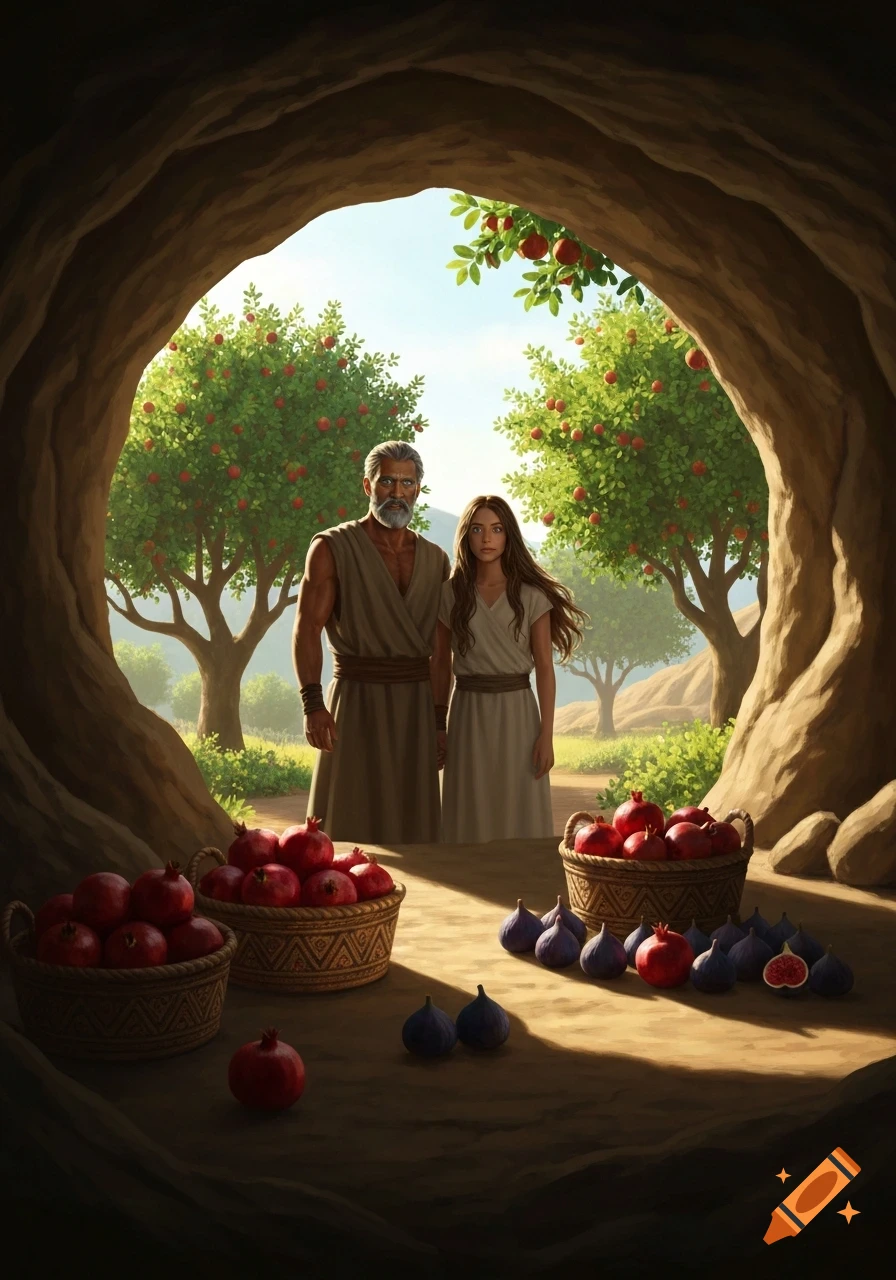 A bearded man and a young woman stand in a cave mouth, looking at lush fig and pomegranate trees. Baskets of fruit are on the ground.