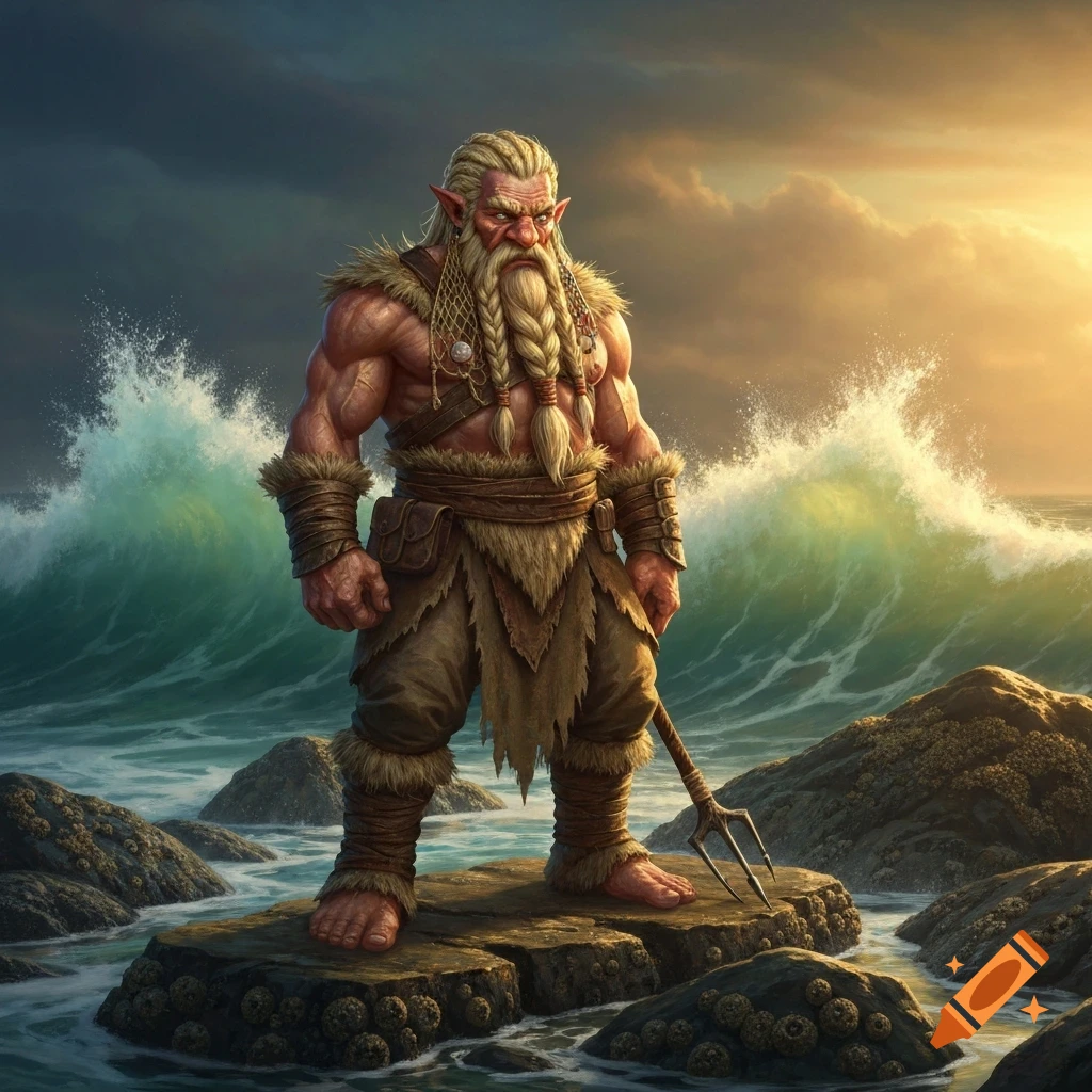 A muscular, blonde, bearded sea dwarf with braided hair and a trident stands on rocks by crashing ocean waves at sunset, fantasy art.