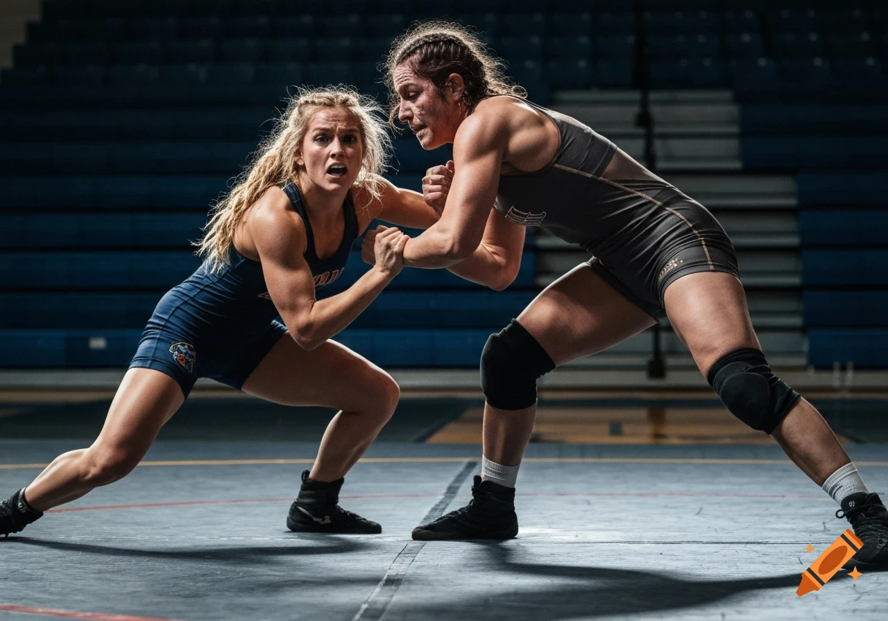 Two muscular women in wrestling singlets and knee pads grapple on a mat in a gym, caught in a dynamic, photorealistic action shot.