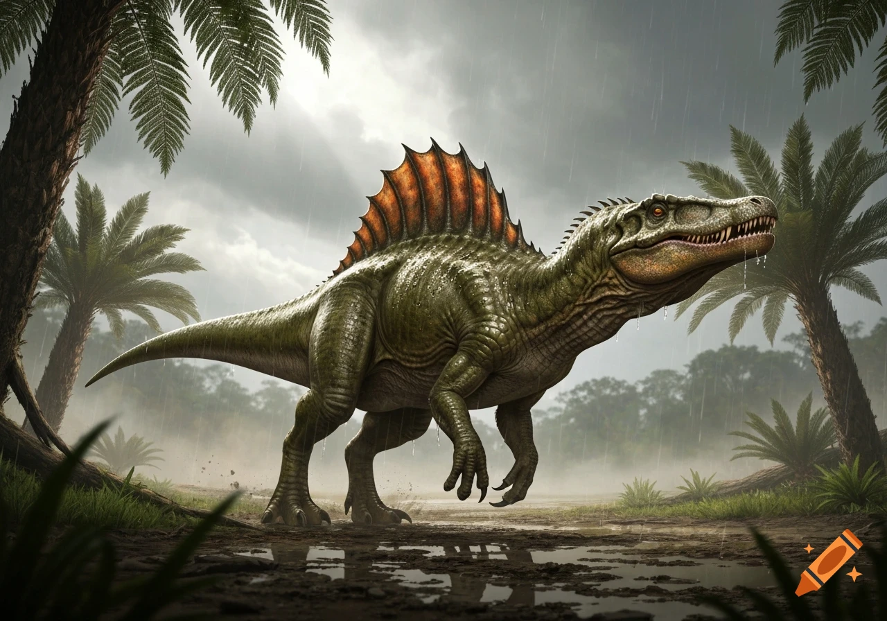 A large, green Spinosaurus dinosaur with an orange sail walks in a muddy, rainy jungle with palm trees.