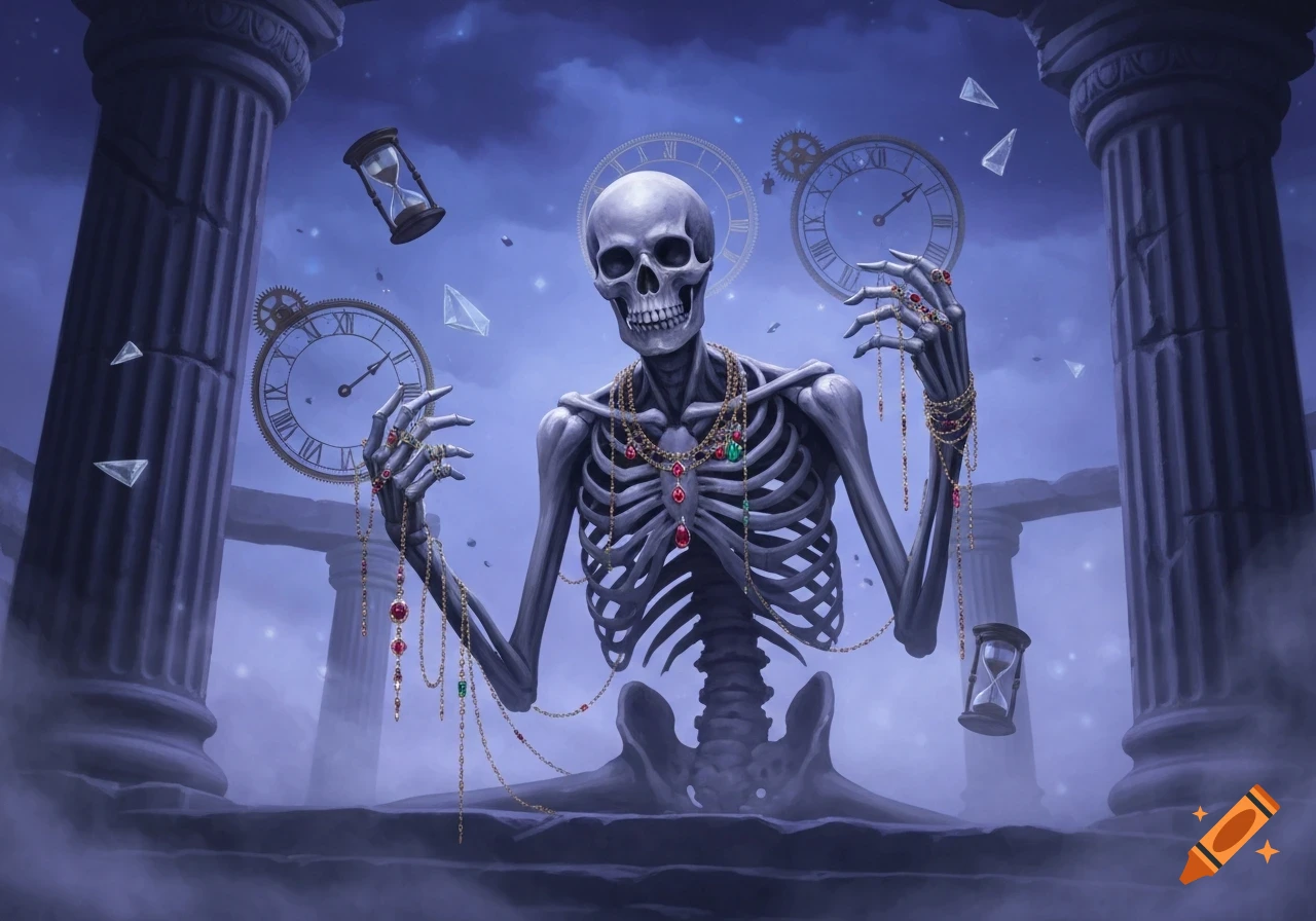 A skeletal figure adorned with ornate gold and jeweled chains stands between ancient stone columns as clocks and hourglasses float in a mystical, cloudy blue landscape.