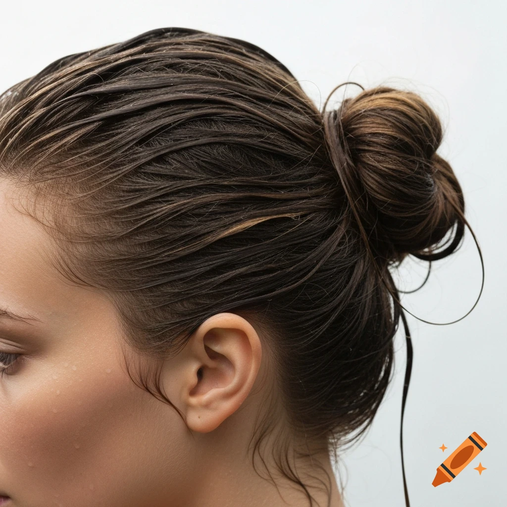 Close-up of a person's head with dark, wet hair pulled into a loose bun, drenched strands falling free.