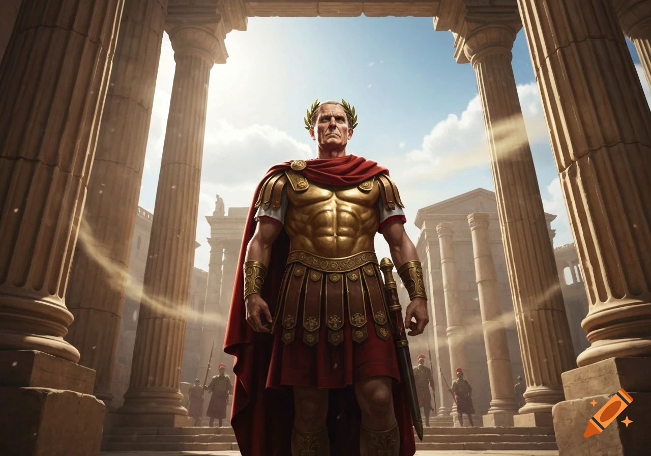 A majestic Roman emperor in golden armor and a red cape stands among ancient stone columns with sunlight filtering through.