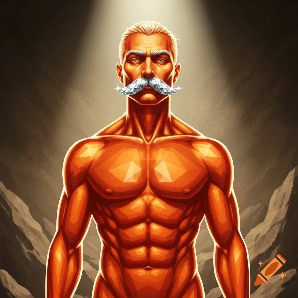 Stylized orange gemstone man with a white topaz mustache, bathed in a spotlight.