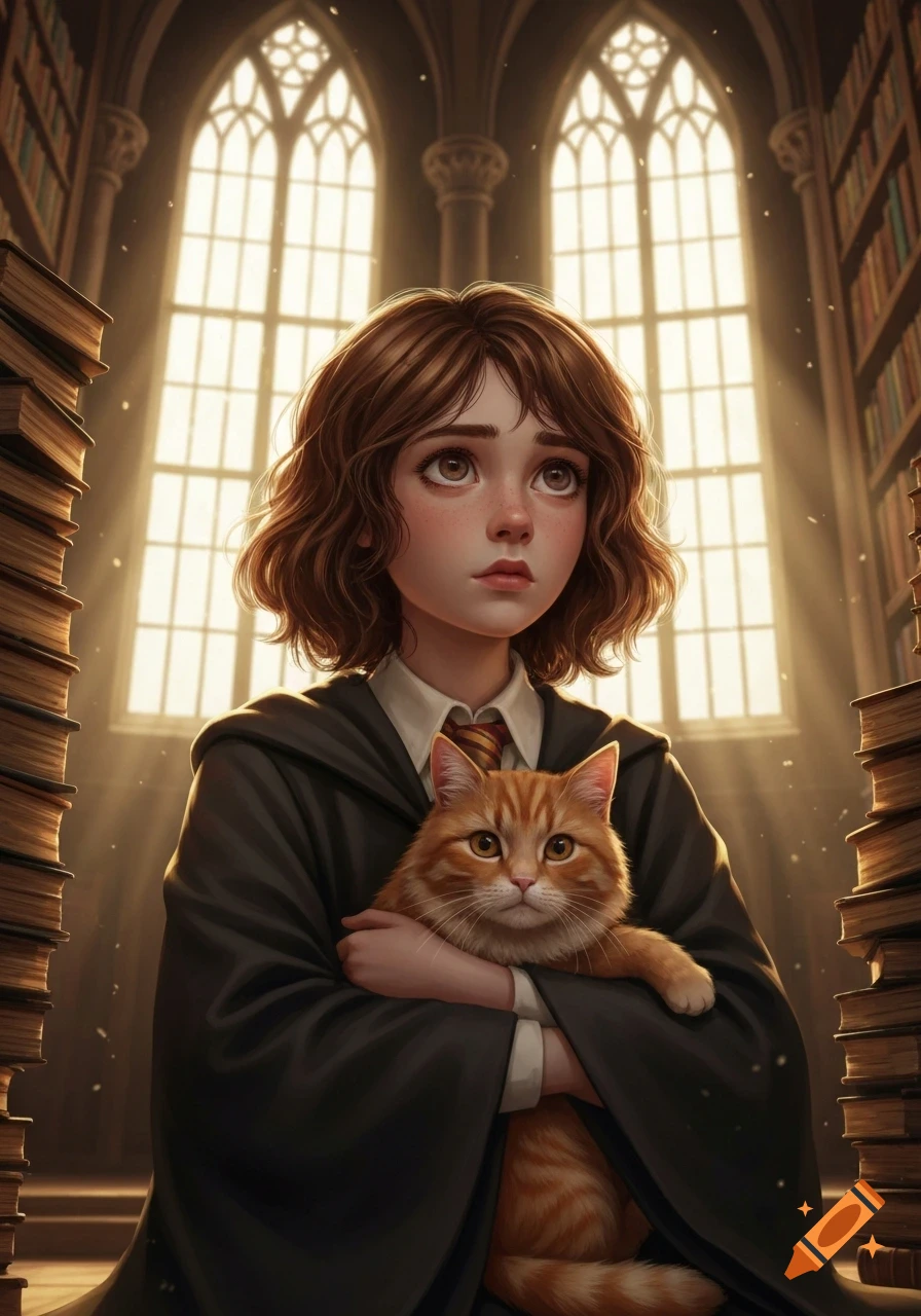 An illustrated wizard girl with brown hair holding an orange tabby cat in a sunlit library.