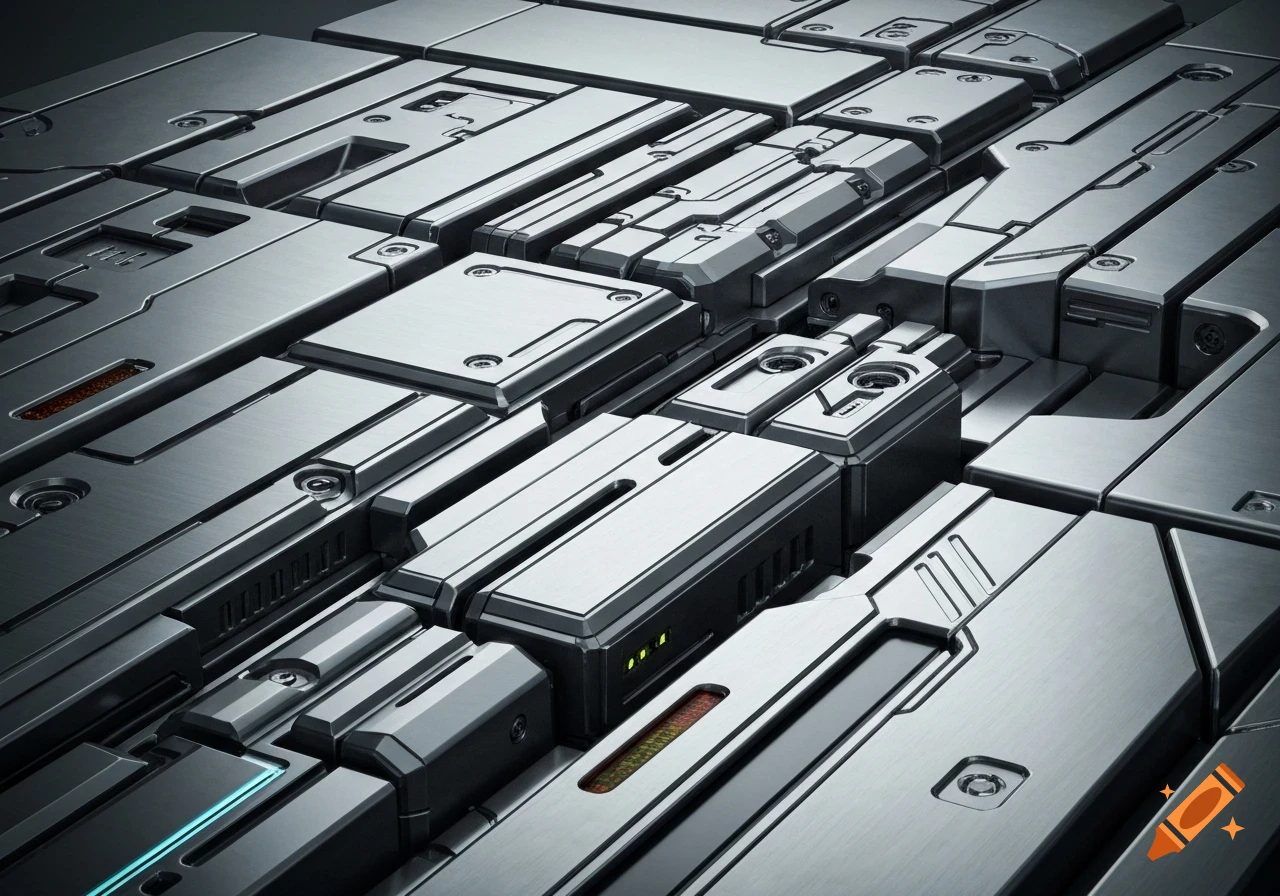 A close-up, high-angle view of a futuristic metallic hard surface with interlocking panels and glowing green and red lights.