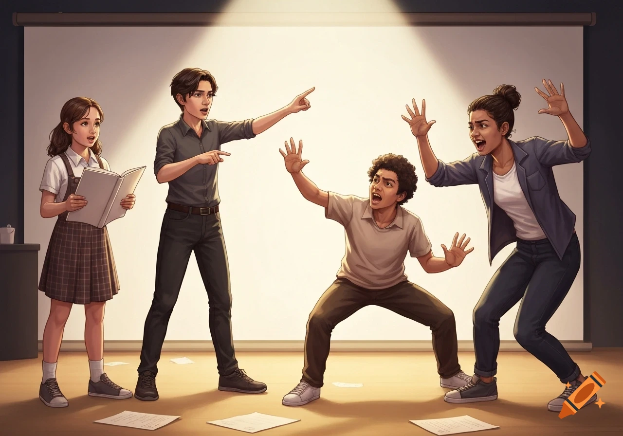 Four young students acting dramatically on a stage, with one holding a book. Illustrated.