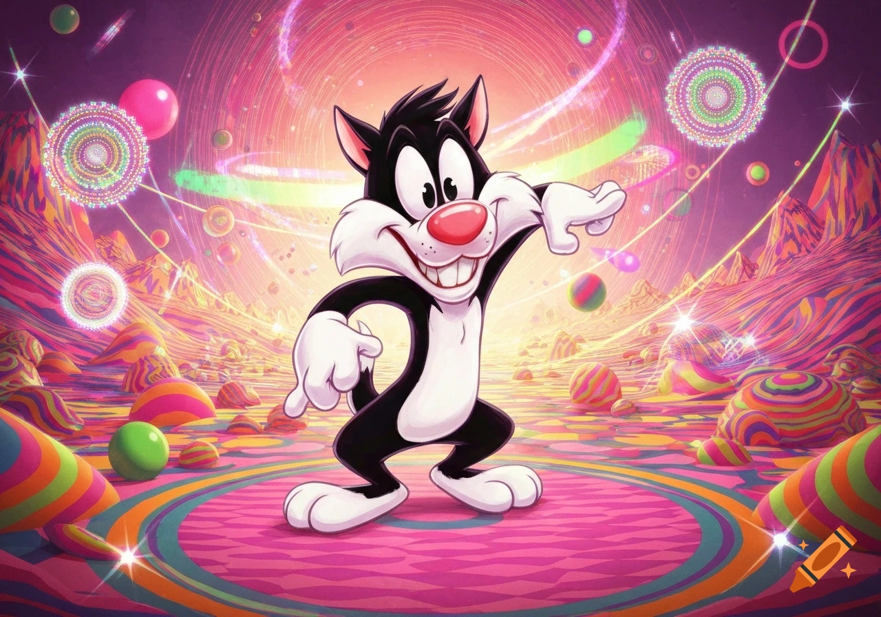 Sylvester the cat stands smiling in a vibrant, psychedelic landscape with swirling colors, glowing spheres, and whimsical patterns.