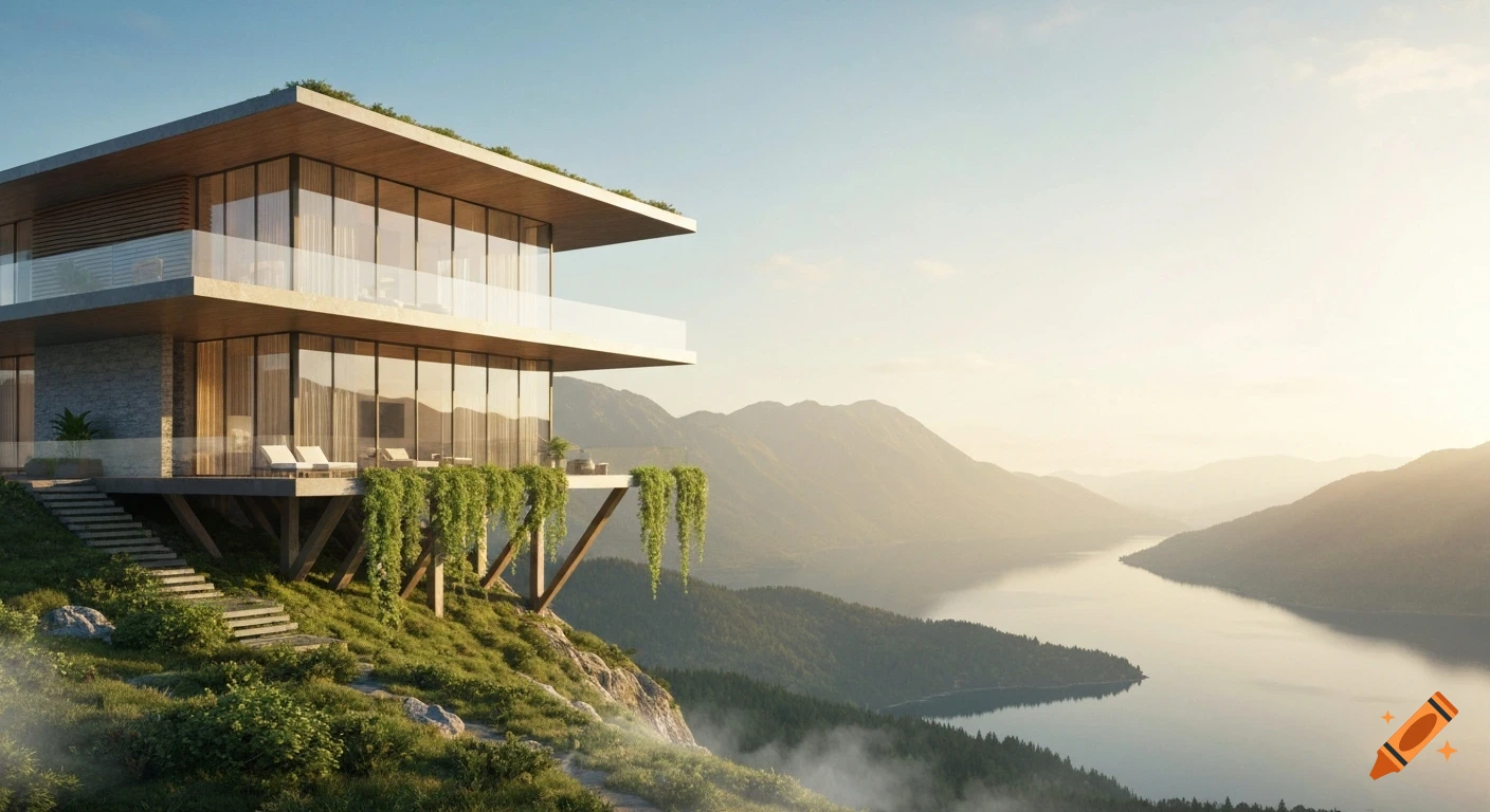 A modern glass-front house with a green roof on a cliff overlooking a lake and mountains at sunset.