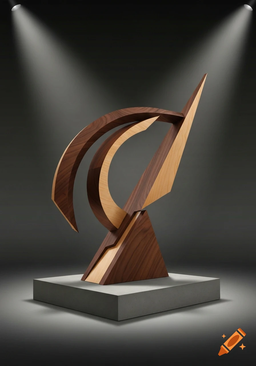 Abstract sculpture crafted from light and dark wood on a grey pedestal, dramatically lit by spotlights in a studio setting.