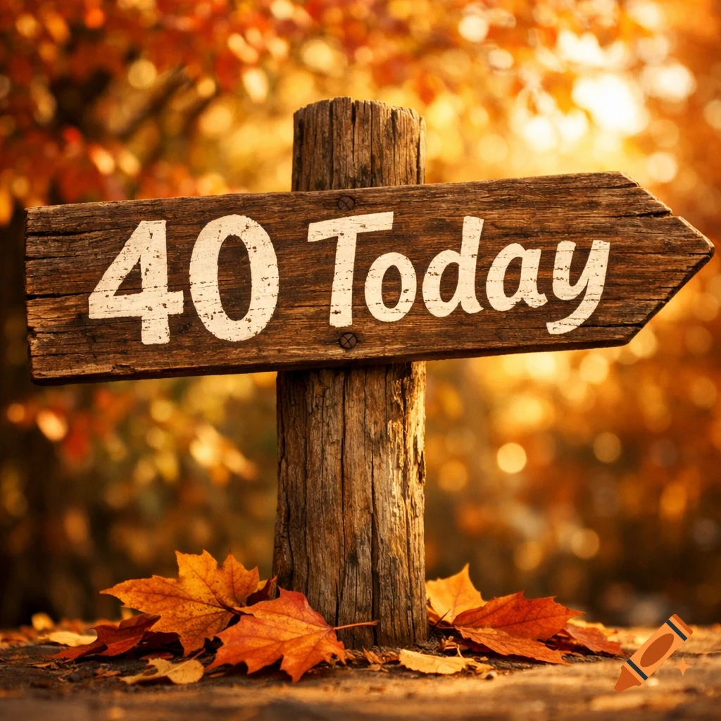 A rustic wooden sign reads "40 Today" amidst vibrant autumn leaves in a sunlit forest.