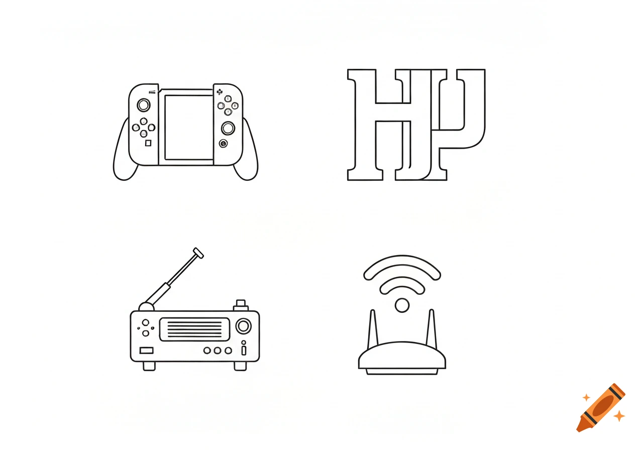 Black and white line art icons of a gaming console, a jumbled "HPU" logo, a radio, and a Wi-Fi router.