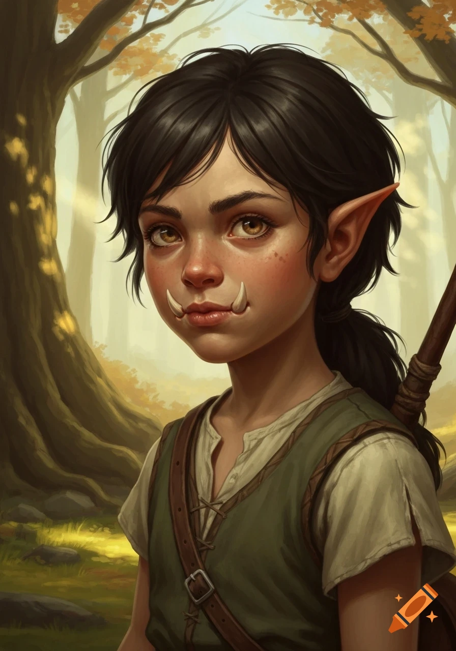 A digital painting of a young dark-haired half-orc girl with pointed ears and tusks, wearing a green tunic, in a sunlit forest.