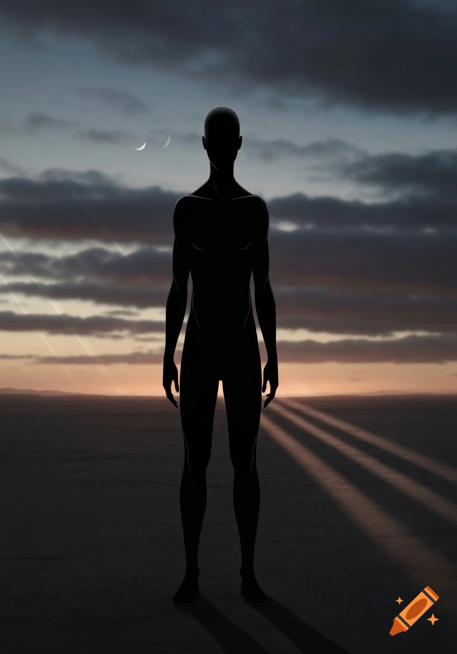 A tall, black, faceless human silhouette stands on a dark plain under a twilight sky with two crescent moons and light rays.
