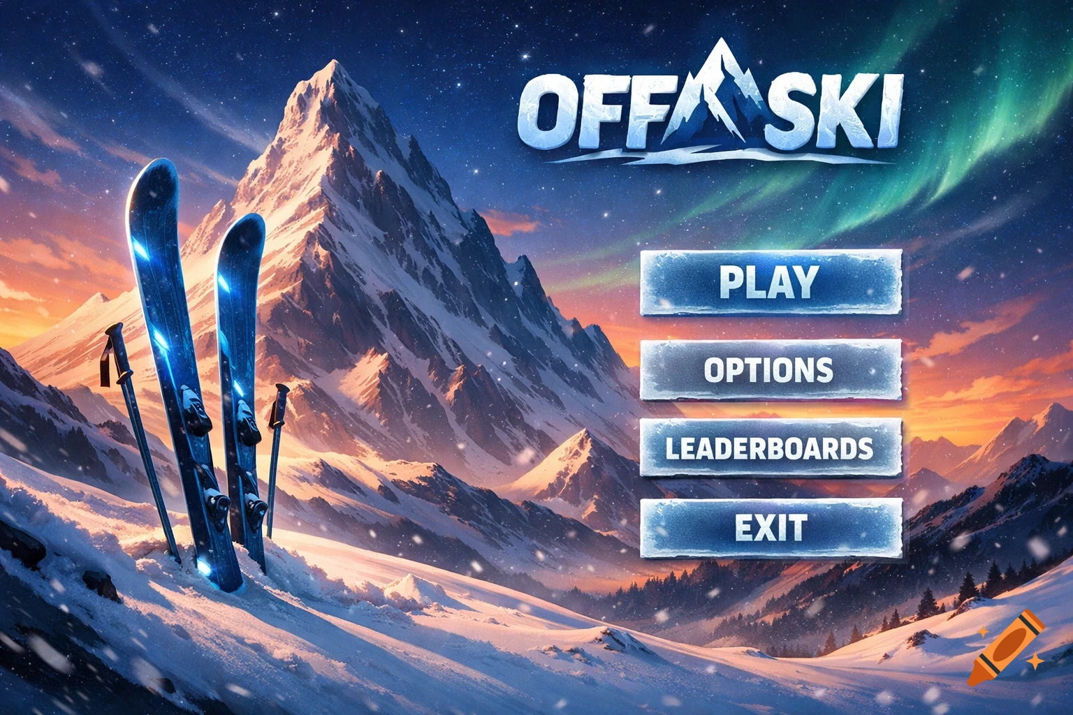 Game menu background with glowing blue skis in snow, snowy mountains under aurora borealis and sunset, with game options.