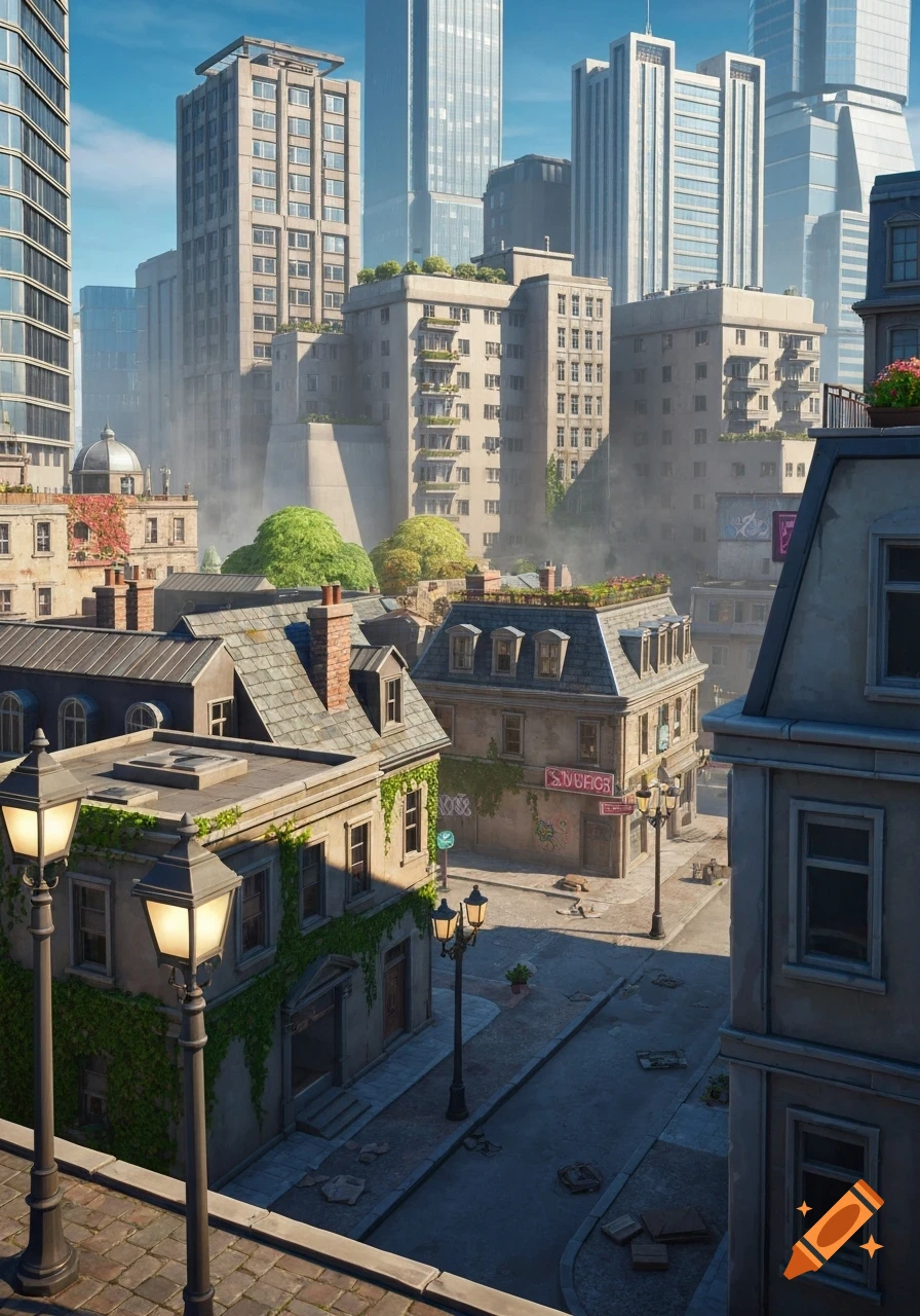 A stylized urban landscape resembling a Fortnite POI, featuring European-style buildings, modern skyscrapers, streets, and detailed architecture.