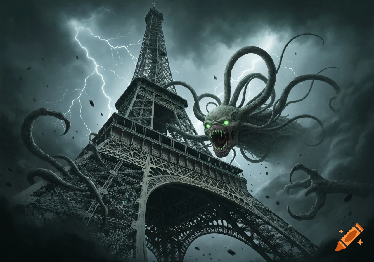 A monstrous, tentacled creature with glowing green eyes attacks the Eiffel Tower under a stormy, lightning-filled sky in a dark digital painting.