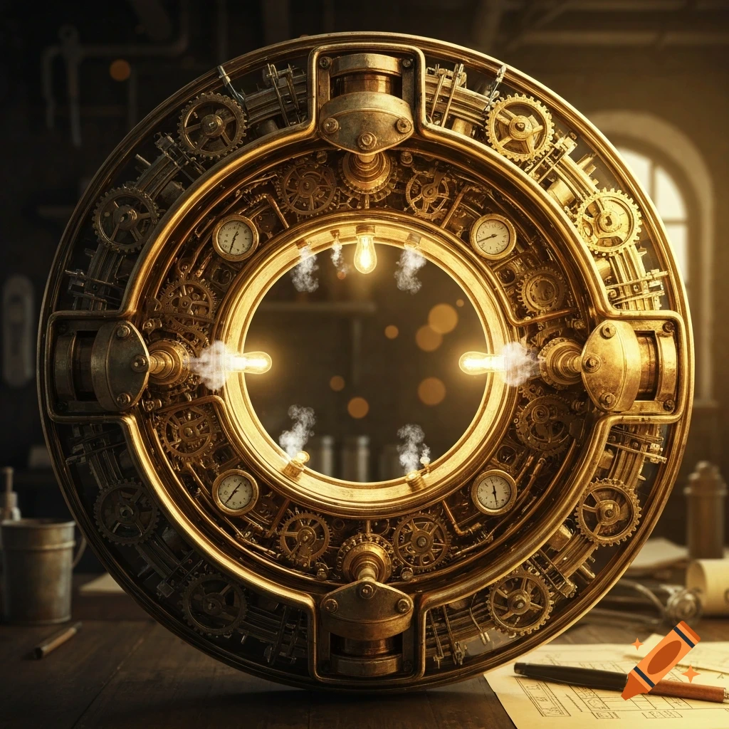 A detailed golden steampunk engine ring with gears, gauges, and glowing light bulbs on a wooden table.