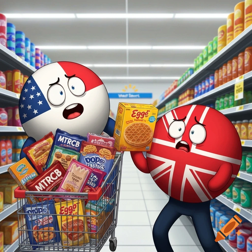 USAball pushes a shopping cart full of packaged foods while UKball holds a box of Eggo waffles, both with wide-eyed expressions, in a supermarket aisle.