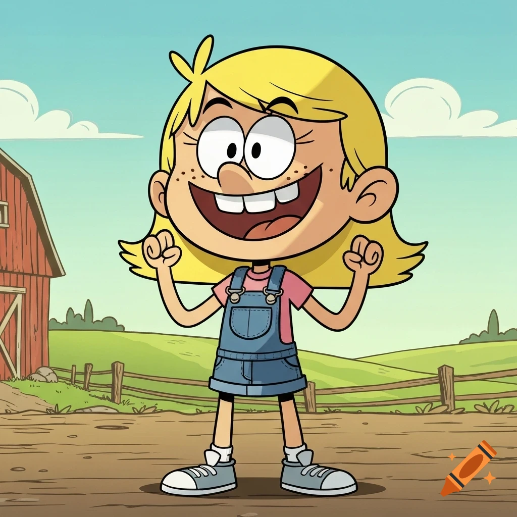 A blonde cartoon girl in overalls smiles happily on a farm with a red barn and green hills, in The Loud House style.