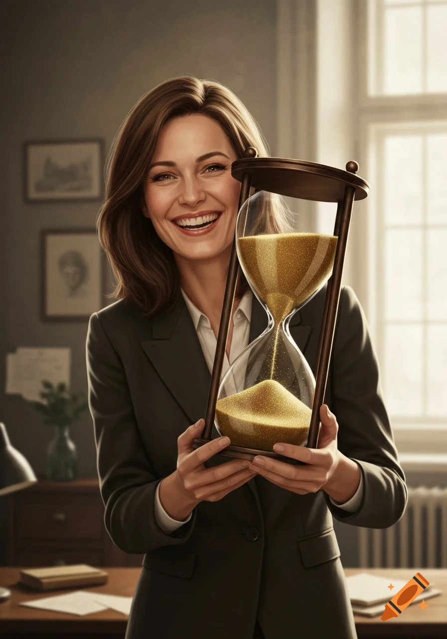 A happy businesswoman in a dark suit smiles broadly while holding a large hourglass filled with golden sand in an office.