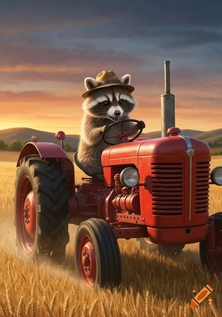 A cute anthropomorphic raccoon wearing a hat drives a red tractor through a golden wheat field at sunset.