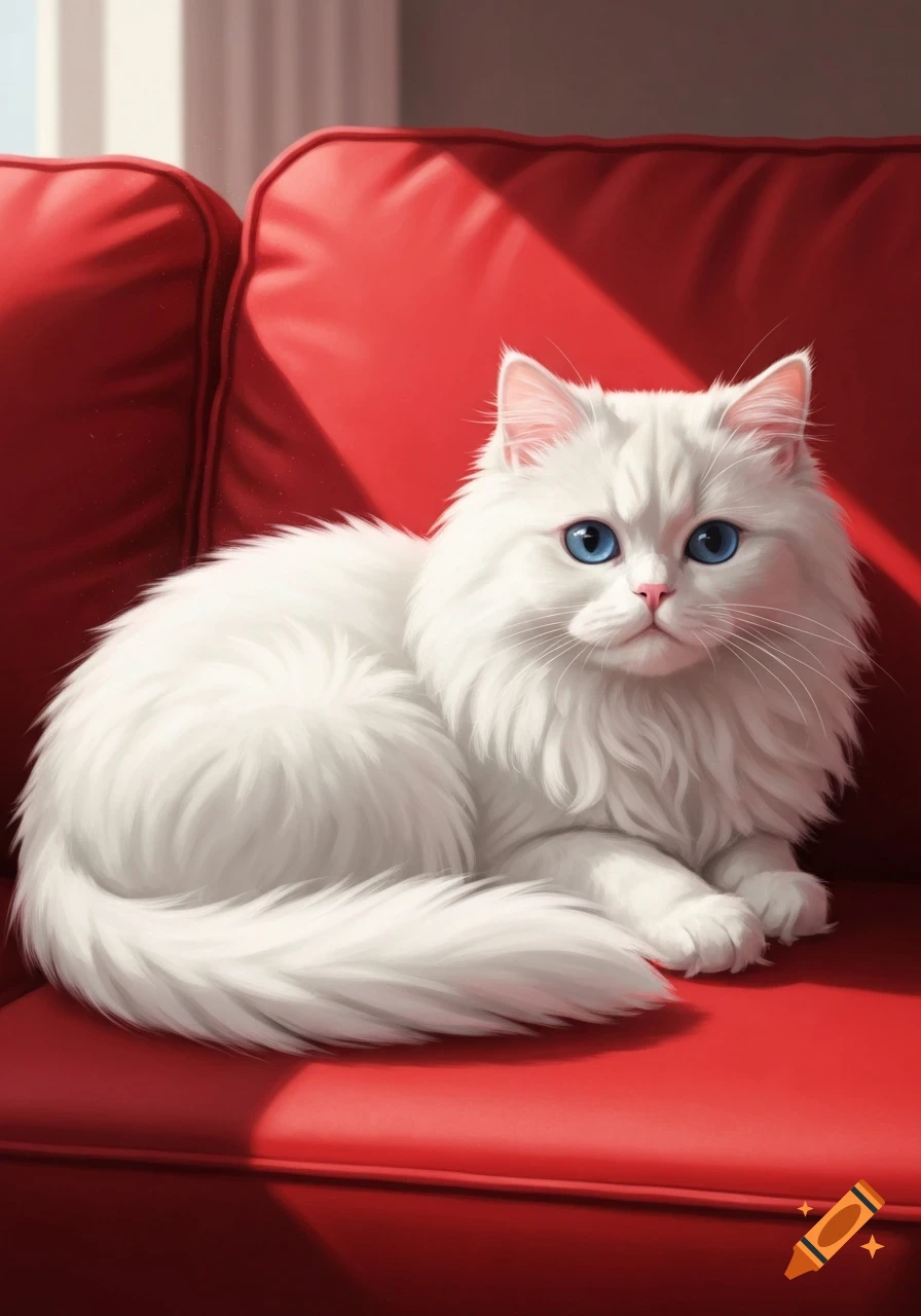 A fluffy white cat with bright blue eyes sits curled on a vibrant red couch, looking forward.