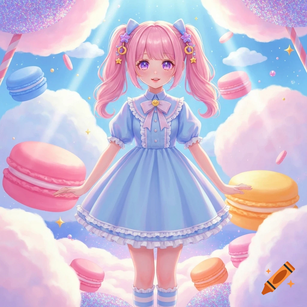 Anime girl with pink pigtails in a blue dress, surrounded by pastel macarons and glittery clouds under a bright sky.