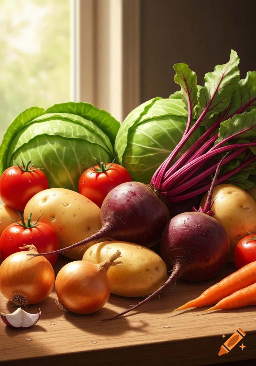 A vibrant, photorealistic arrangement of fresh cabbages, tomatoes, potatoes, beets, onions, and carrots on a wooden surface by a window.
