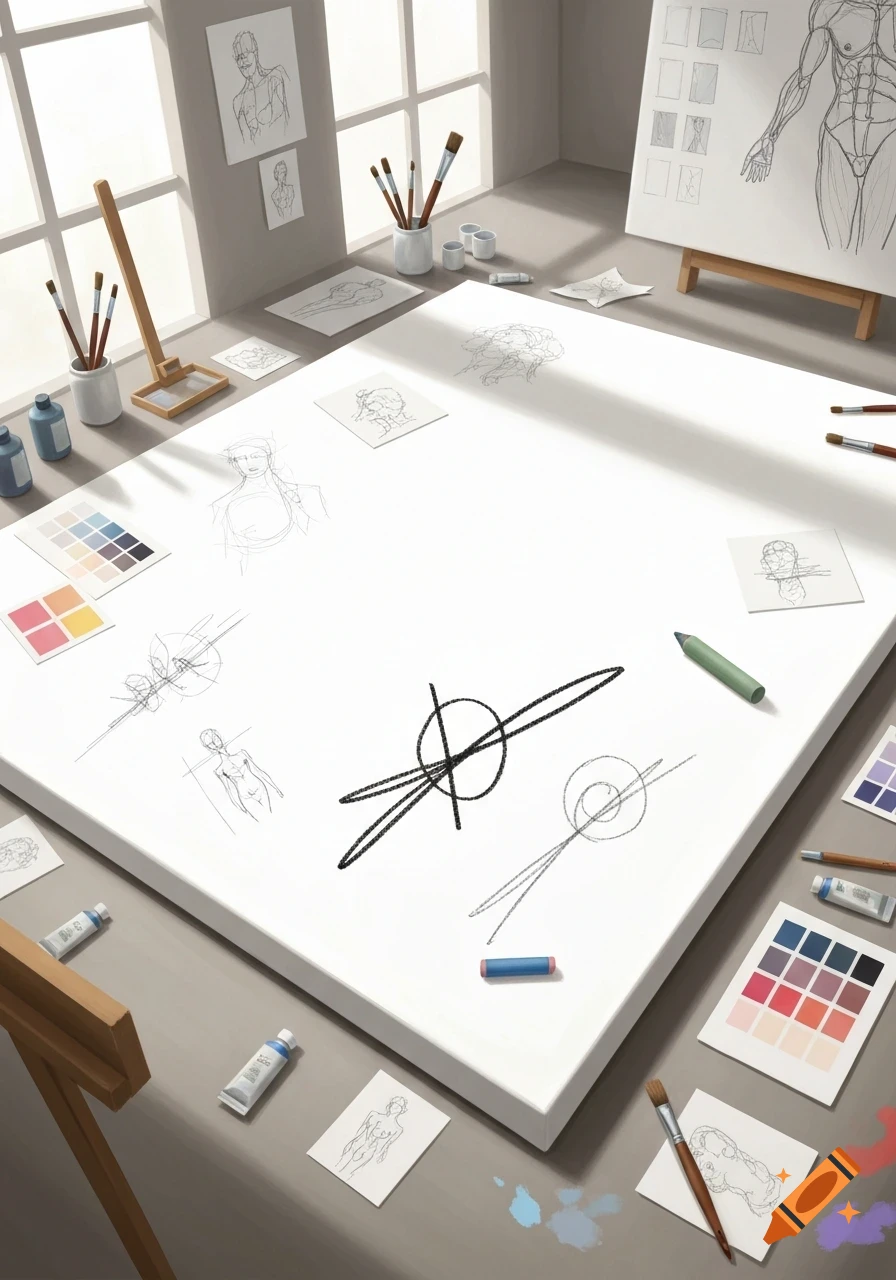 A busy art studio desk with a large white canvas covered in various human anatomy and abstract sketches. Paint tubes, brushes, and color palettes surround the canvas.