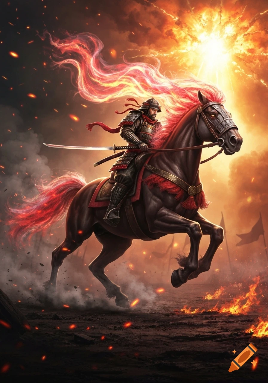 A samurai warrior in armor rides a dark horse with a fiery red mane and tail through a burning landscape under an explosive orange sky.