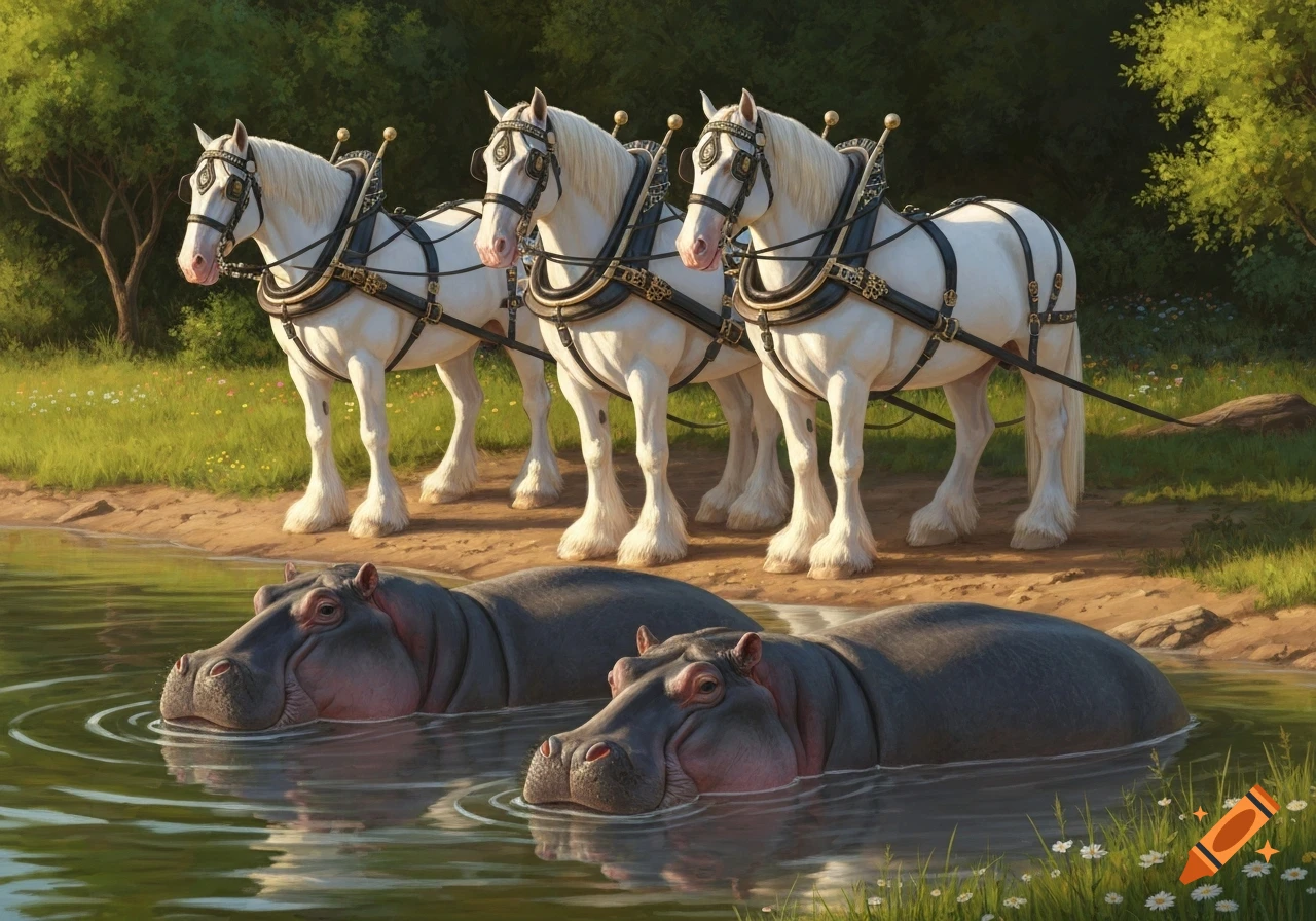 Three white horses with harnesses stand at a riverbank with two hippos in the water, lush green trees and grass in the background.