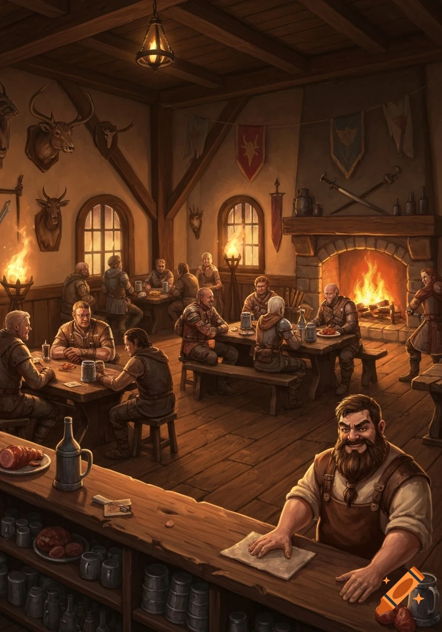 An illustration of a bustling fantasy tavern with patrons drinking and a smiling bartender, lit by fireplace and lanterns.