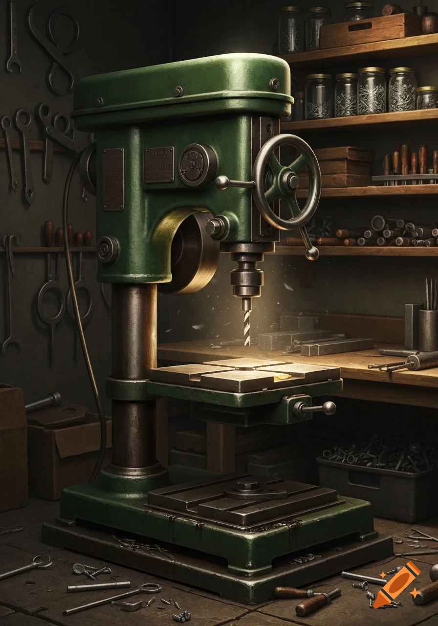 A photorealistic depiction of a green drill press in a dimly lit workshop, surrounded by various tools and shelves.