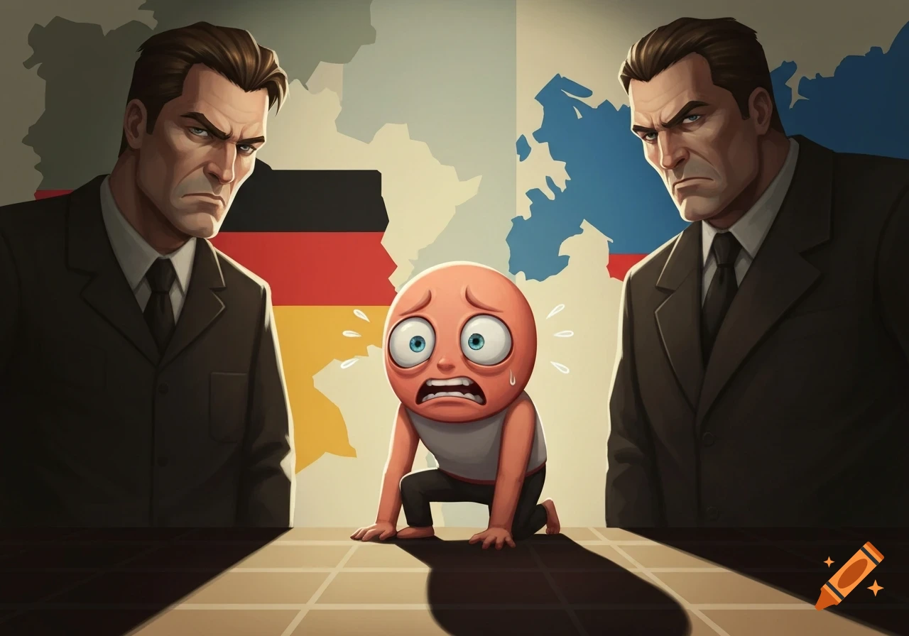 A scared, round cartoon figure kneels between two stern men in suits, with maps of Germany and Russia in the background.