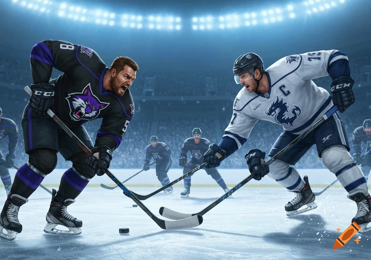 Two aggressive hockey players from opposing teams face off on an ice rink, surrounded by teammates and a stadium crowd.