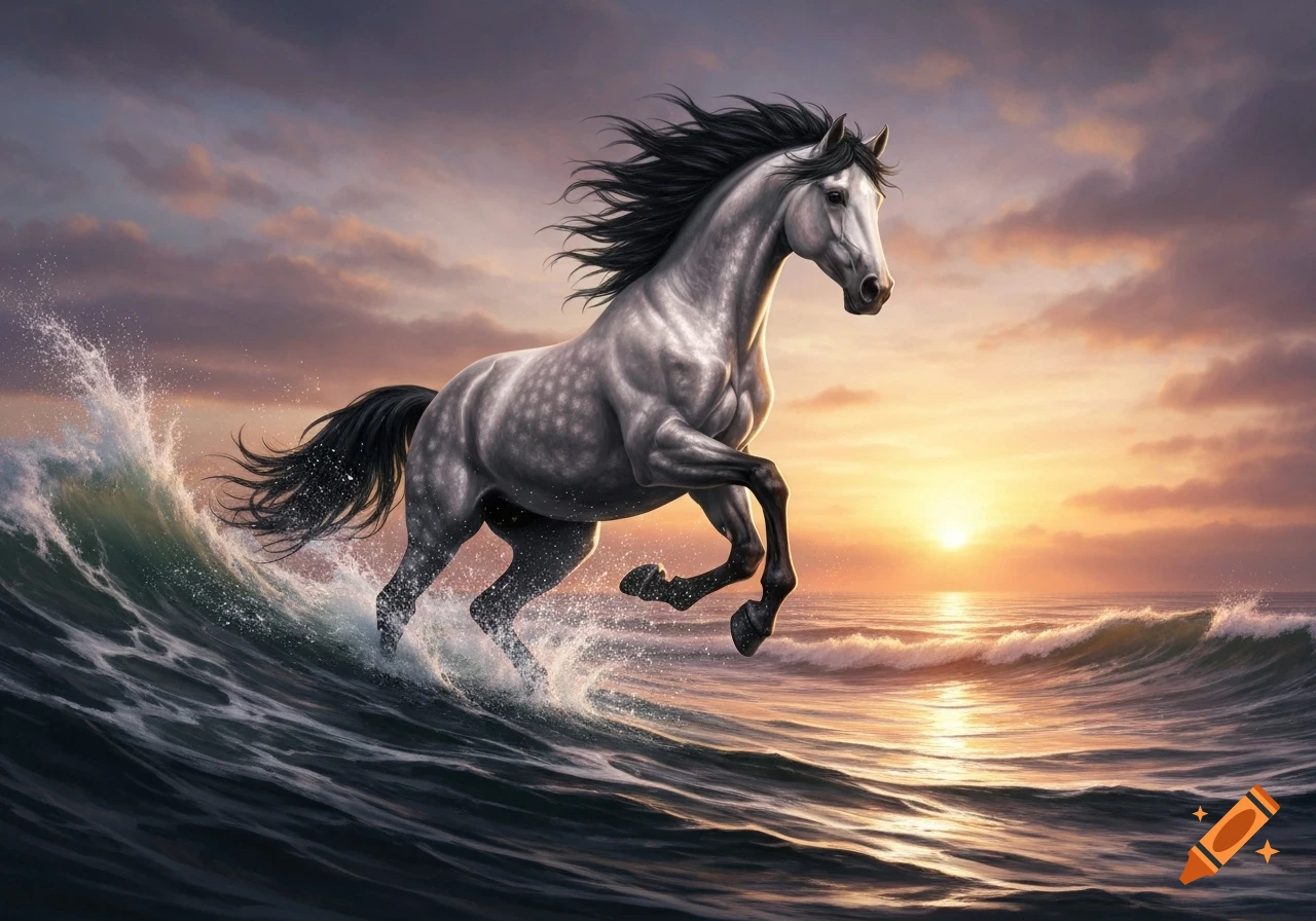 A majestic grey horse with a black mane and tail gallops through ocean waves at sunset with a dramatic sky.