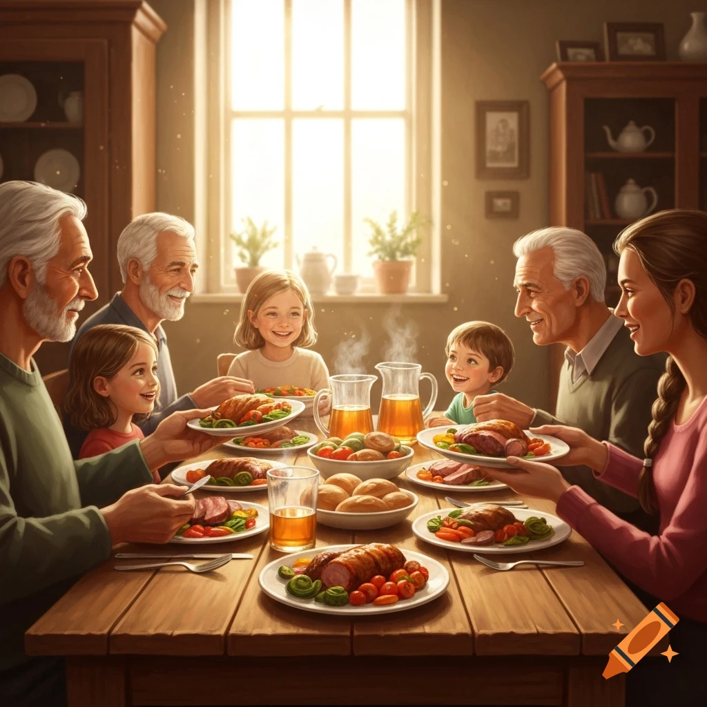 A multi-generational family smiling around a dinner table laden with food in a warm, sunlit room.