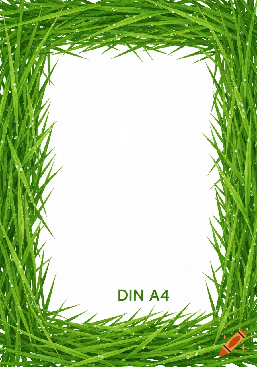 A rectangular frame made of vibrant green grass with dewdrops, enclosing a white space with "DIN A4" text.