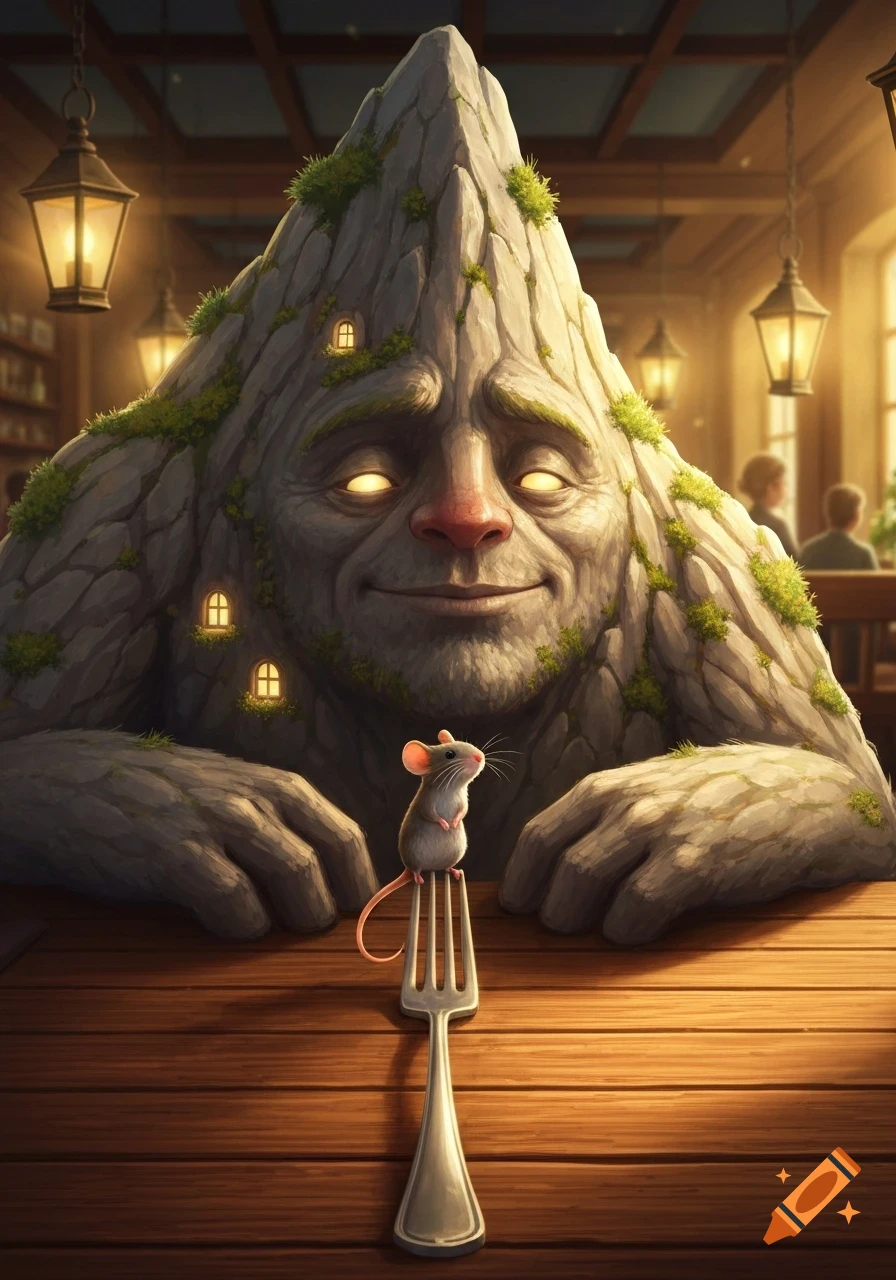 A large, friendly-faced mountain creature with glowing eyes sits at a restaurant table, watching a tiny mouse perched on a fork.