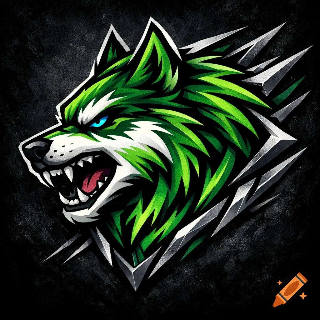 Stylized green husky logo with blue eyes and bared fangs, surrounded by sharp metallic accents on a dark background.