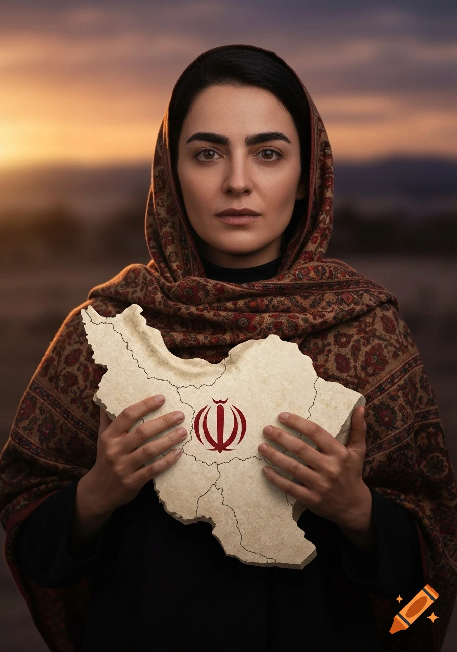 A photorealistic portrait of a woman in a headscarf holding a map of Iran with its national emblem against a sunset background.
