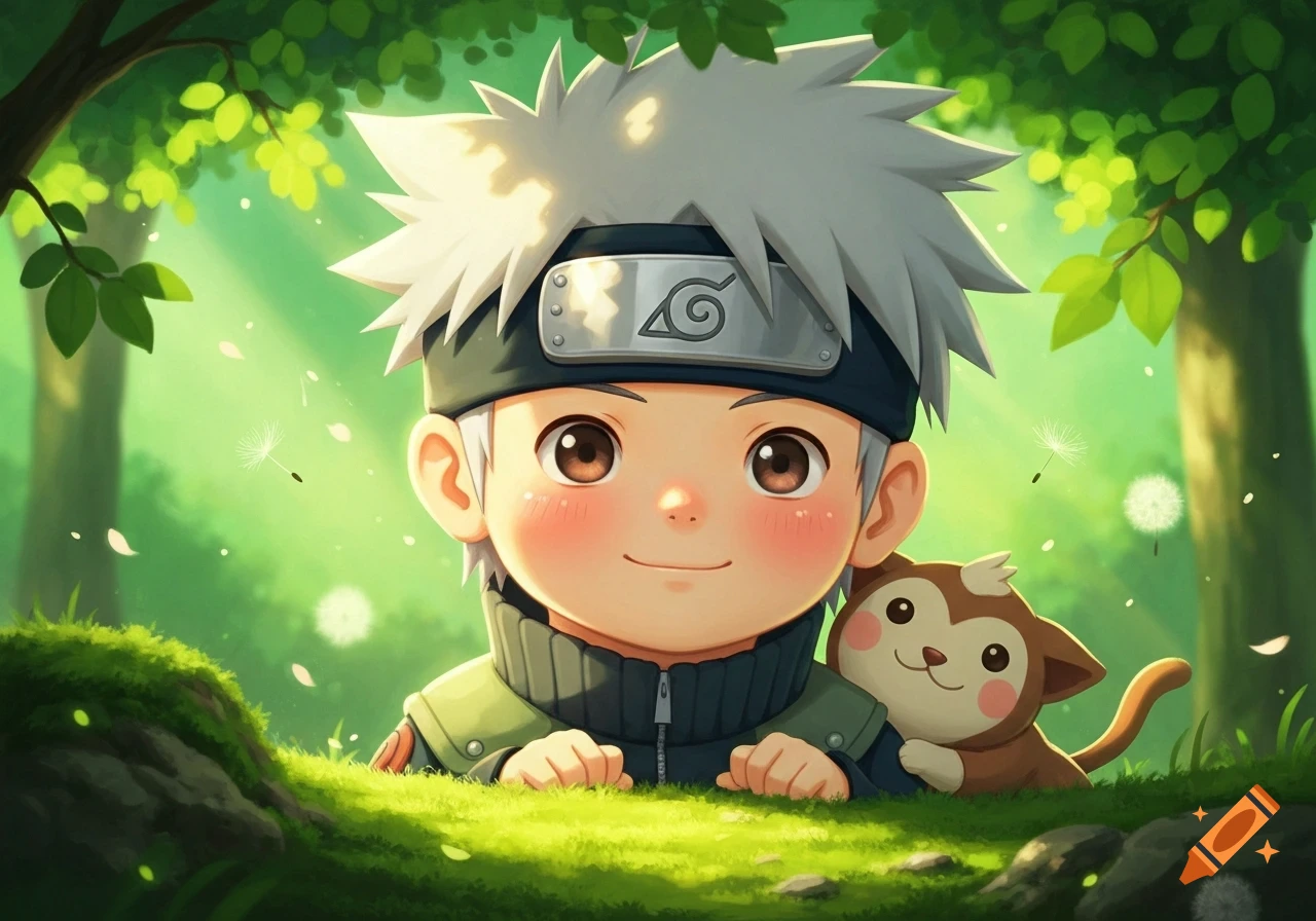 Chibi Kakashi from Naruto with a small monkey in a lush, sunlit forest.