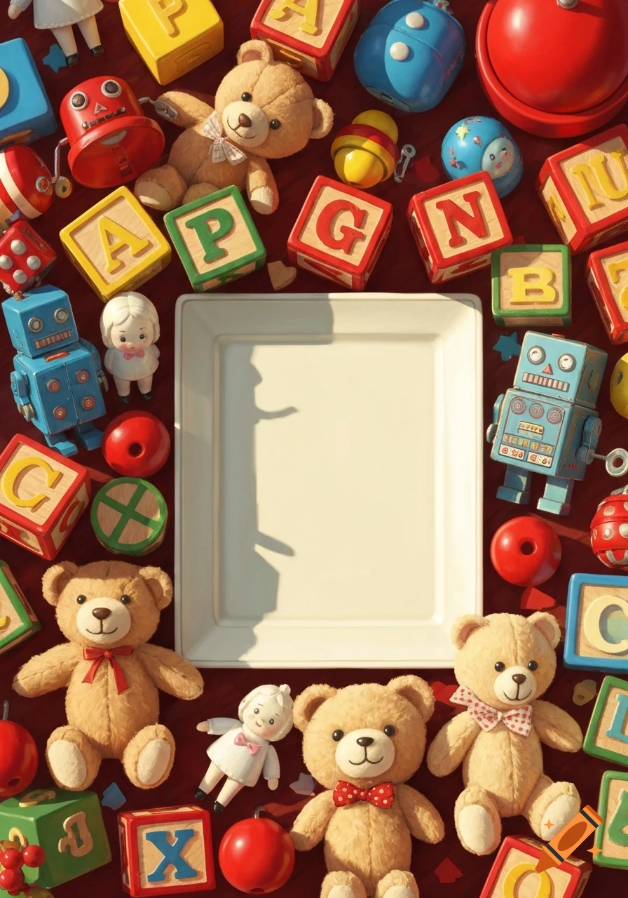 A vibrant flat lay of classic children's toys including teddy bears, alphabet blocks, and robots, arranged around a white rectangular plate.
