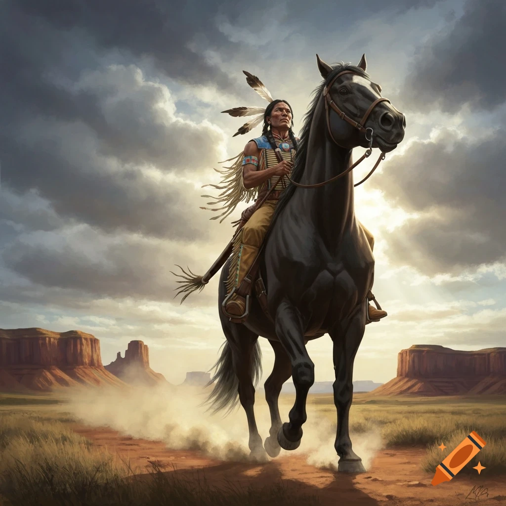 A Native American man in traditional attire with a feathered headdress rides a black horse through a dusty desert landscape with mesas under a dramatic, cloudy sky.