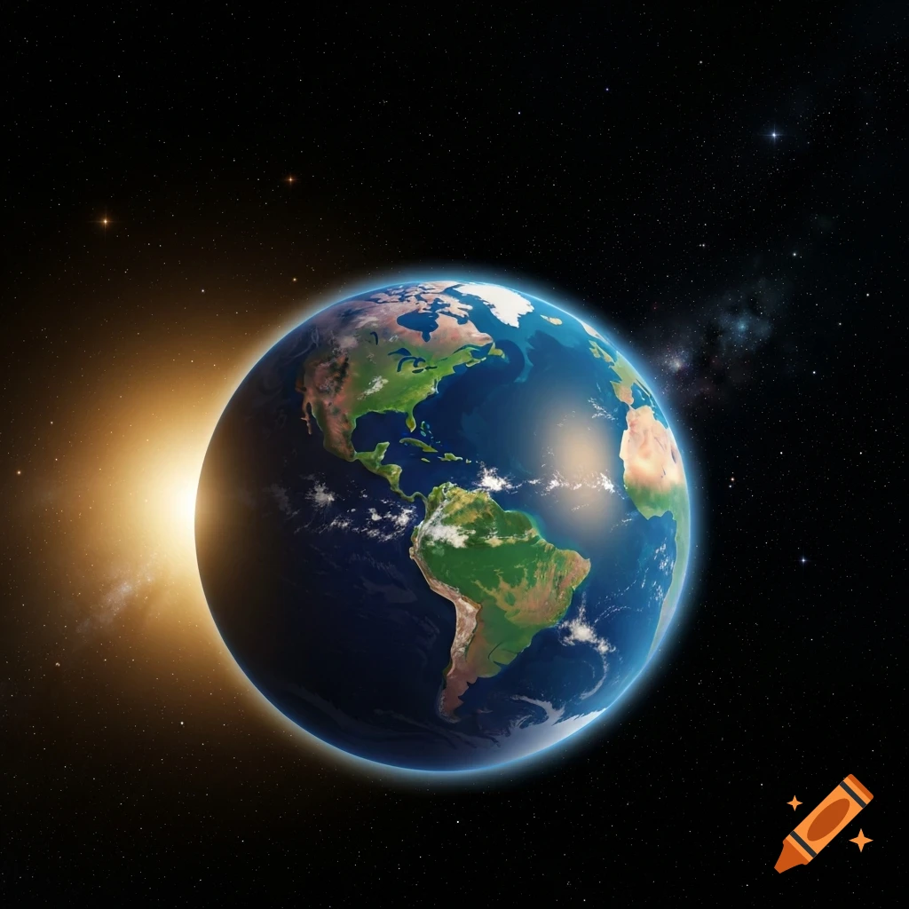 Photorealistic image of Earth from space with a vibrant sunrise illuminating one side.