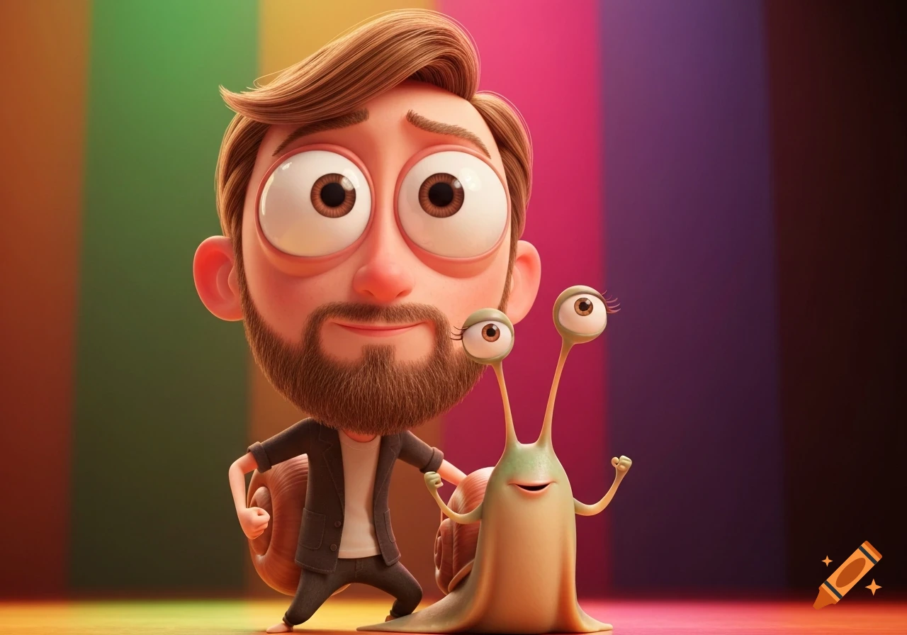 A 3D cartoon man with a beard and large eyes, wearing a jacket and a snail shell, stands beside an anthropomorphic snail with large eyes, both smiling against a colorful striped background.