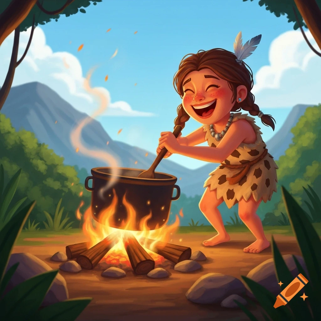 An animated, happy cave woman with braided hair and a feather, wearing a spotted dress, cooks in a pot over a campfire in a lush outdoor setting.