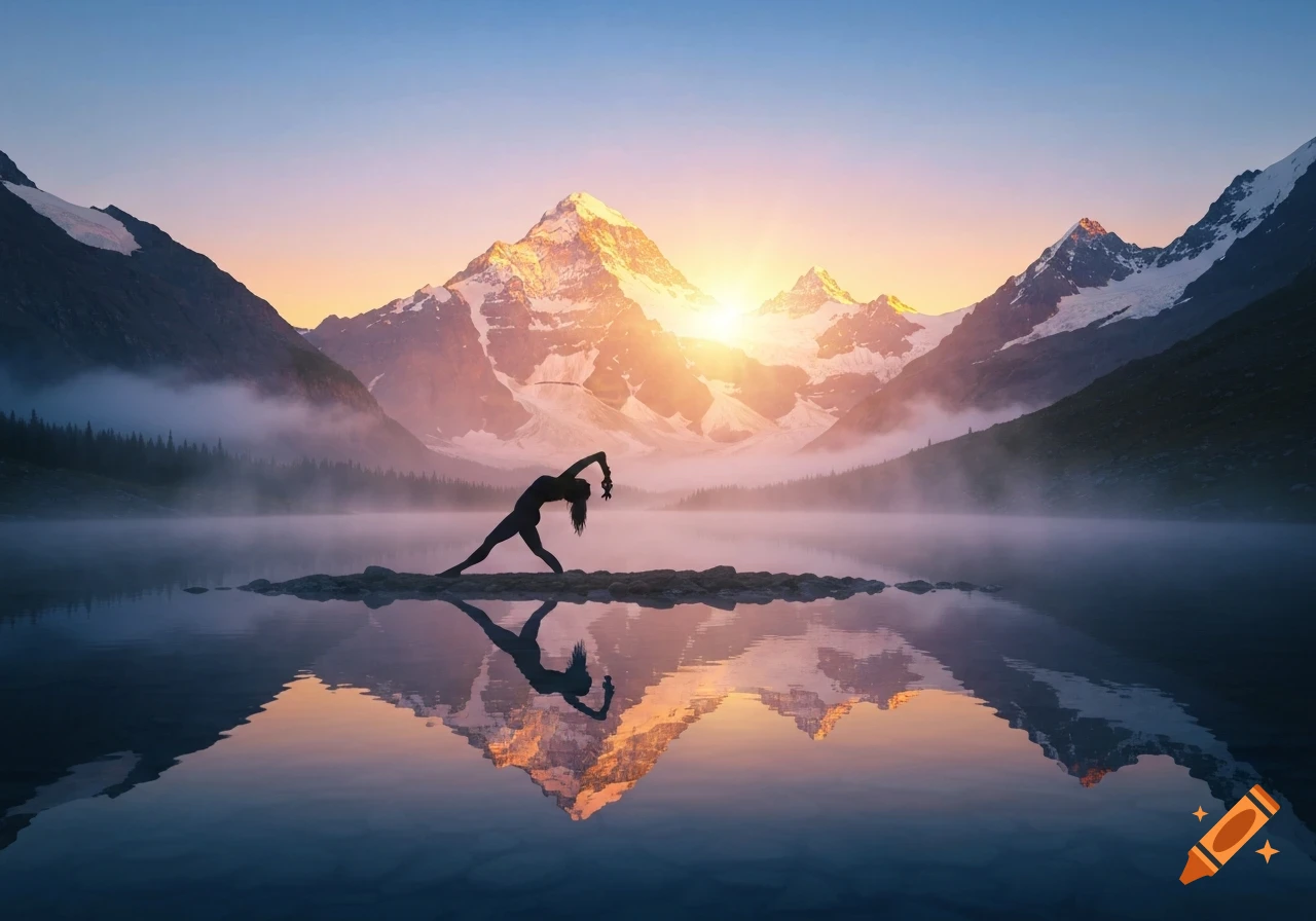 Photorealistic silhouette of a person doing yoga on rocks in a mountain lake at sunrise, with reflections of snow-capped peaks.